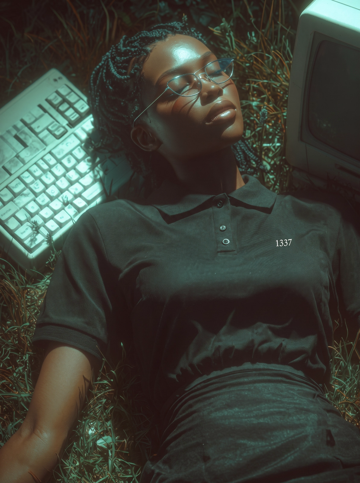 31173 Polo worn on-body — woman in grass with vintage keyboard and CRT monitor, embroidered 1337 chest logo
