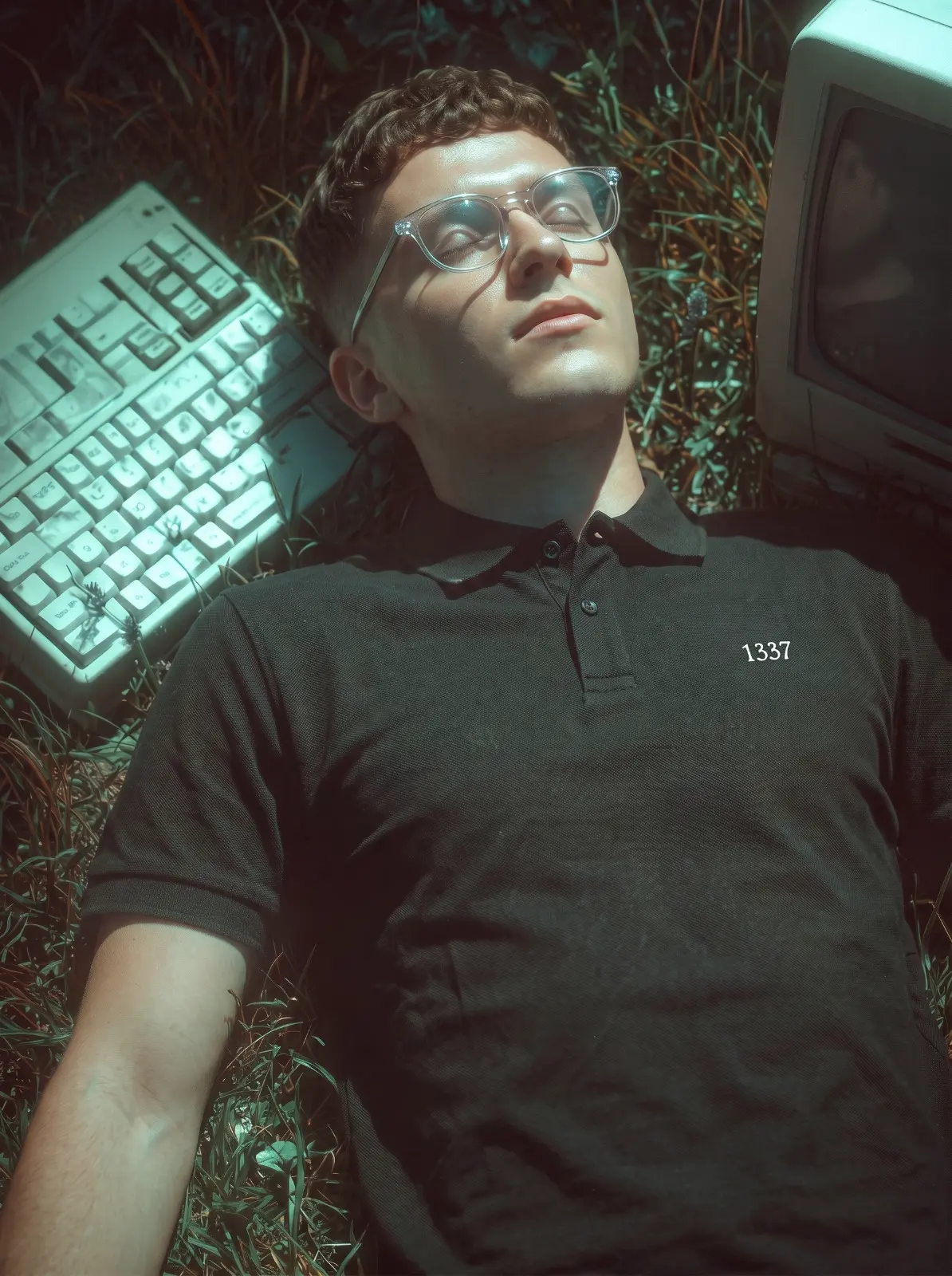 31173 Polo worn on-body — man in grass with vintage keyboard and CRT monitor, embroidered 1337 chest logo